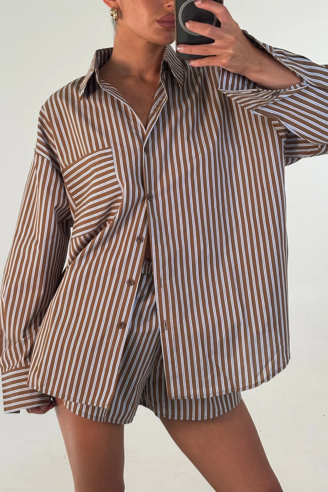 Amara stripe short set- choc/pinstripe