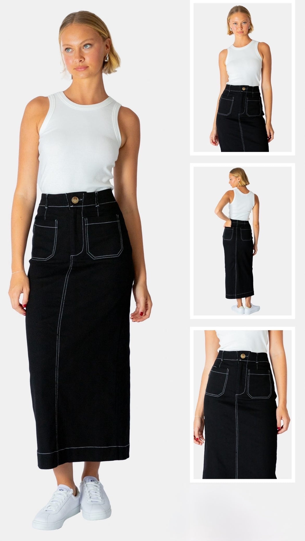 Black skirt with white stitching.